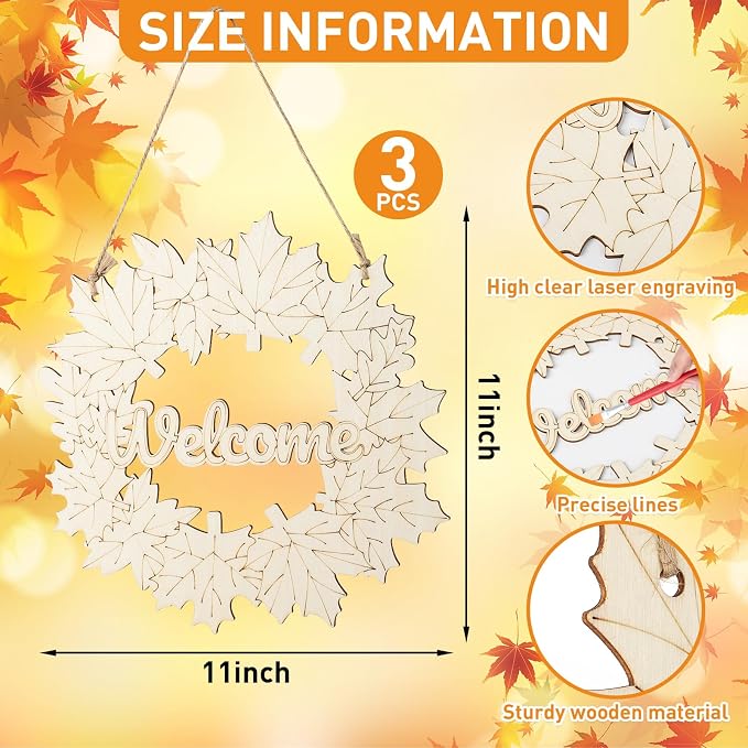 Unfinished Fall Wreaths Wood Crafts to Paint Set of 3, Unfinished Wood Cutouts
