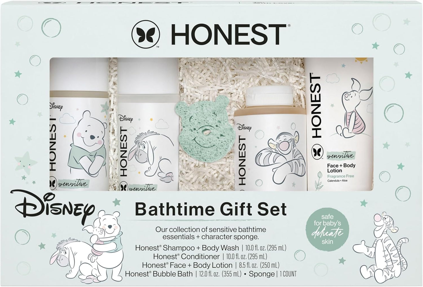The Honest Company Fragrance Free Bathtime Gift Set + Disney Design | Hypoallergenic Bath Essentials for Sensitive Skin | Shampoo + Body Wash, Face + Body Lotion, Bubble Bath, Conditioner, Sponge