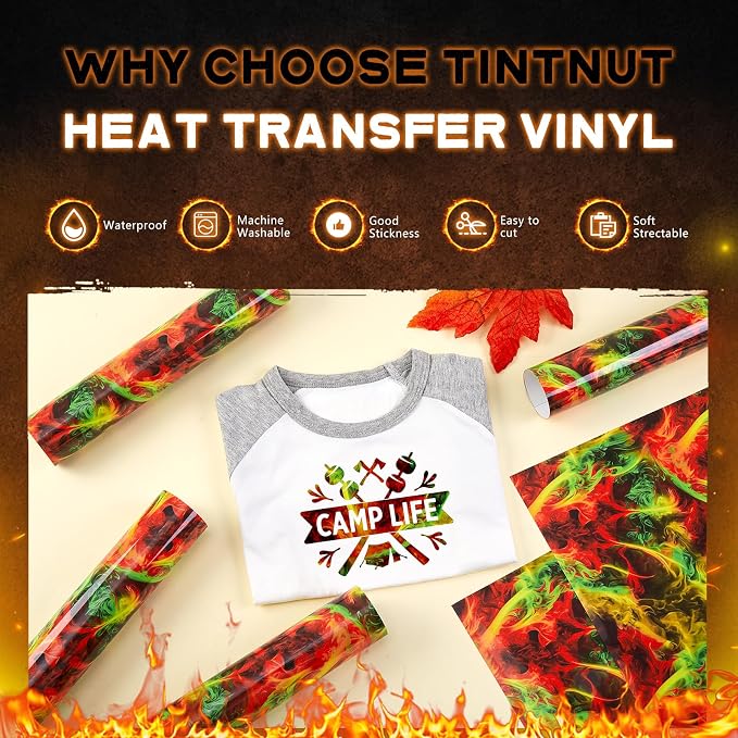 Tintnut Green Flame Heat Transfer Vinyl, stretch washable, suitable