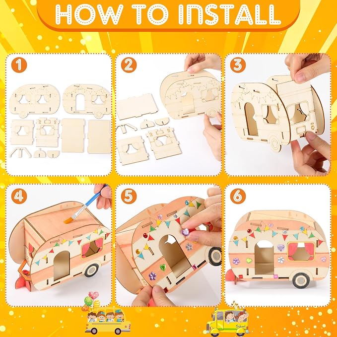 DoubleFill 12 Pack Camping Craft Kits DIY Unfinished Wooden Camper Craft Bulk