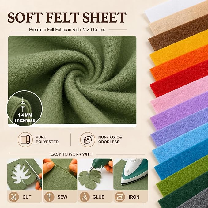 Sage Green Large Felt Fabric 36" x 36", 1.4 mm Soft Felt Sheet, Nonwoven Fabric