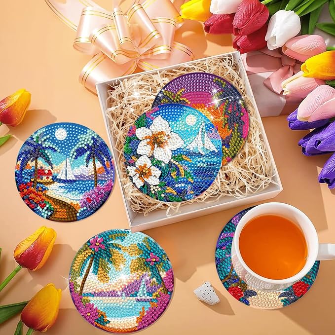 EWJRNSF 8 PCS Beach Diamond Art Coasters DIY Kit