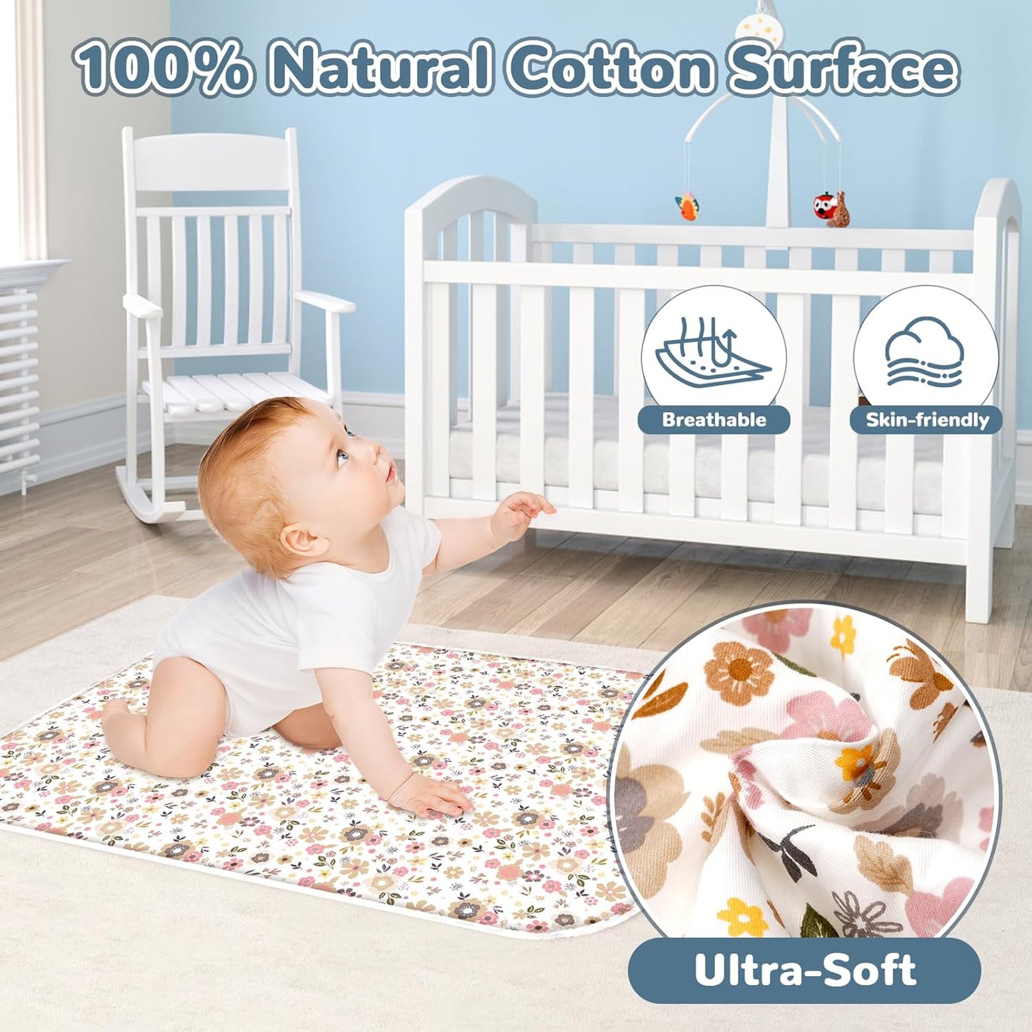 Baby Diaper Changing Pad – 31.5" x 21.5" Extra Large Waterproof Absorbent Portable Changing Mat, Reusable Changing Pad Liner for Travel or at Home Use(Floral2)