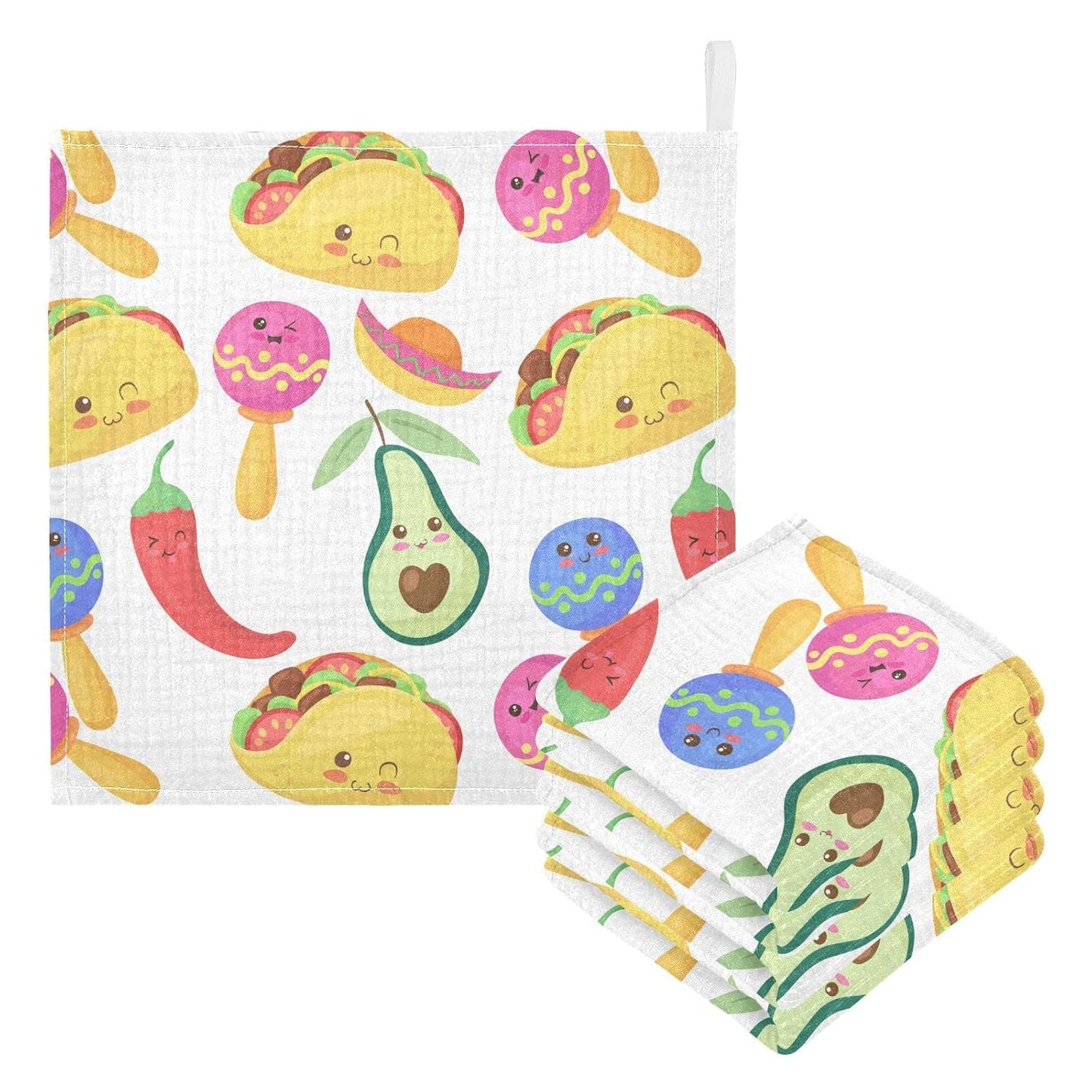 Funny Mexican Food Characters Seamless Pattern Baby Muslin Washcloths Set of 5 Burp Cloths Soft Absorbent Baby Wash Cloth Fingertip Face Towels for Newborn Boys Girls 12 x 12 Inch