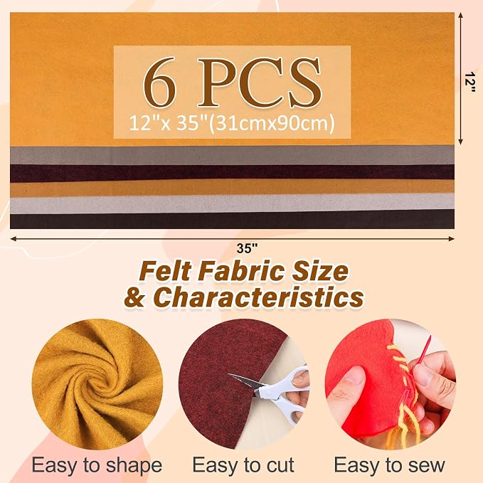 XSEINO 6 Rolls 12"x35" Large Felt Sheets, 1.4mm Thick Nonwoven Fabric