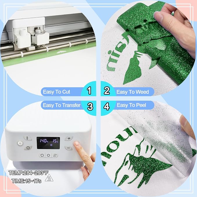 12Pcs Multicolored Glitter Heat Transfer Vinyl 12"x10", Easy Weed HTV Iron On