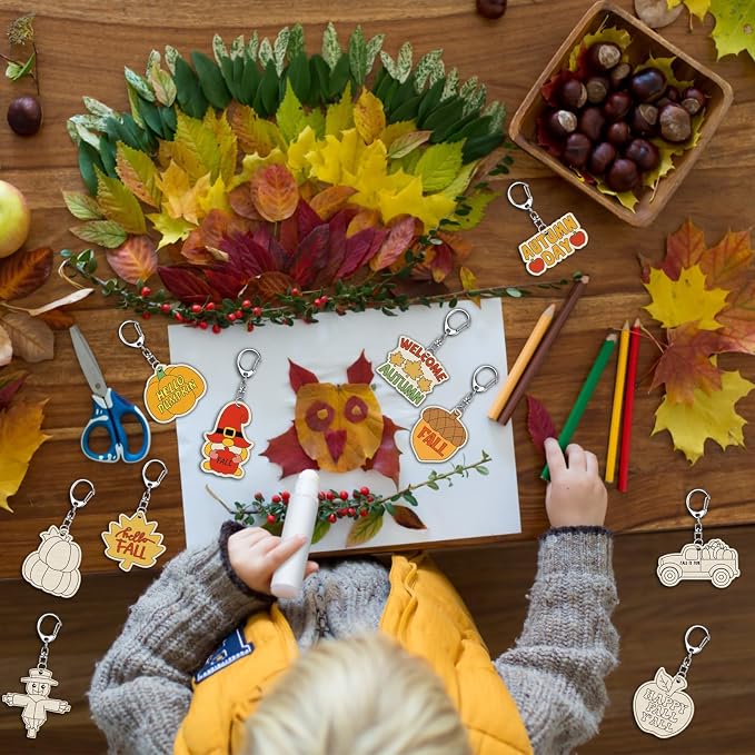 RattanView 24 Pcs Fall Craft Color Your Own Keychains DIY Craft Wooden Blank