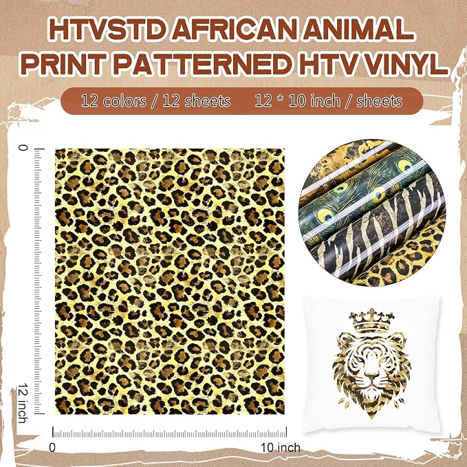 HTVSTD Animal HTV Heat Transfer Vinyl 12 Sheets 12×10in Iron on Vinyl | African