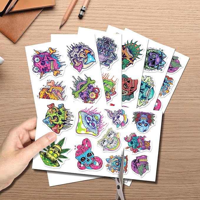Psychedelic Skull and Trippy Mushroom Artwork 50pcs Stickers Pack Vinyl