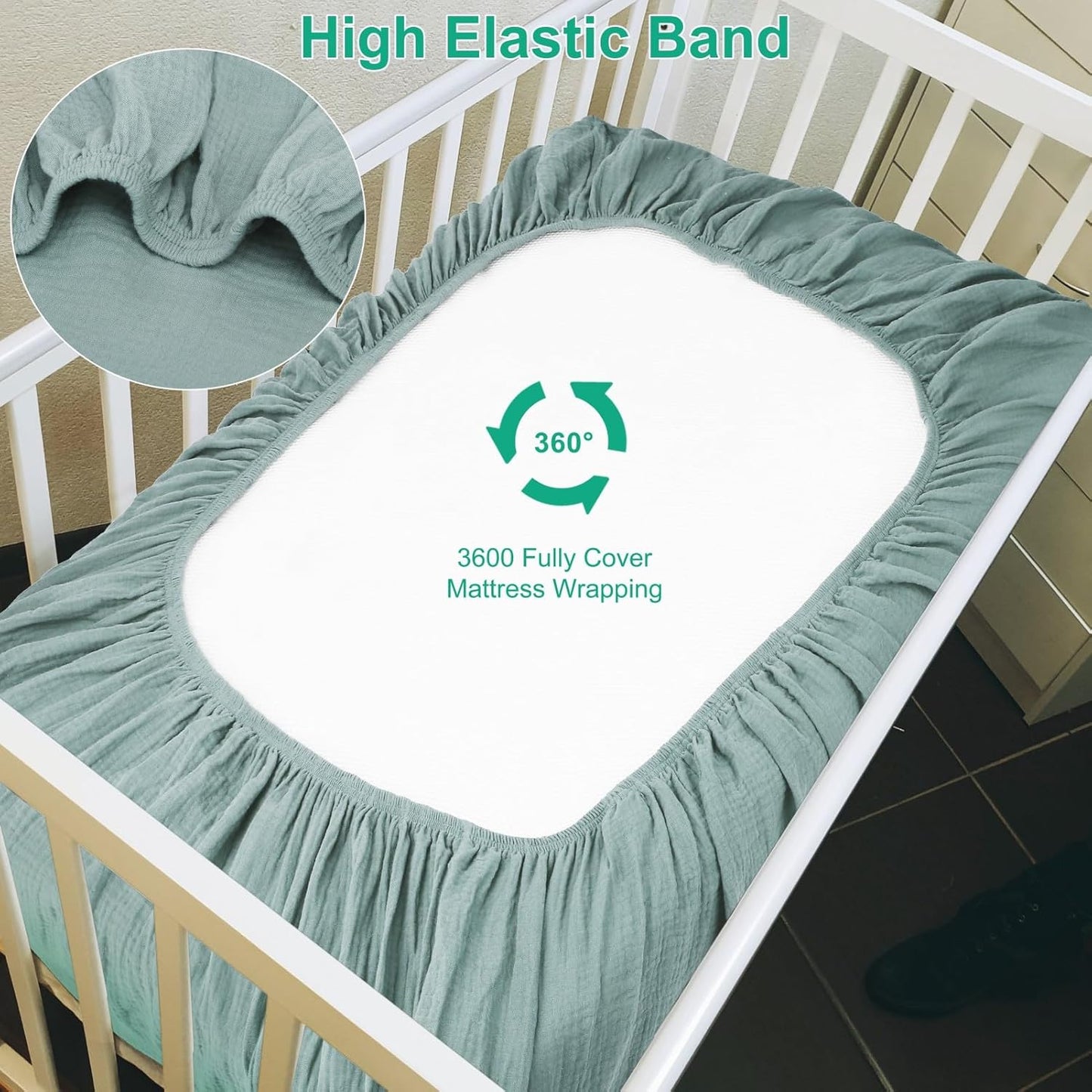 Muslin Mini Crib Sheets for Girls & Boys-2 Pack 24"x 38" Soft Baby Mattress Sheets Fitted-No Slip Neutral Toddler Cotton Bedding-Boho Nursery Décor Sage Green & Beige