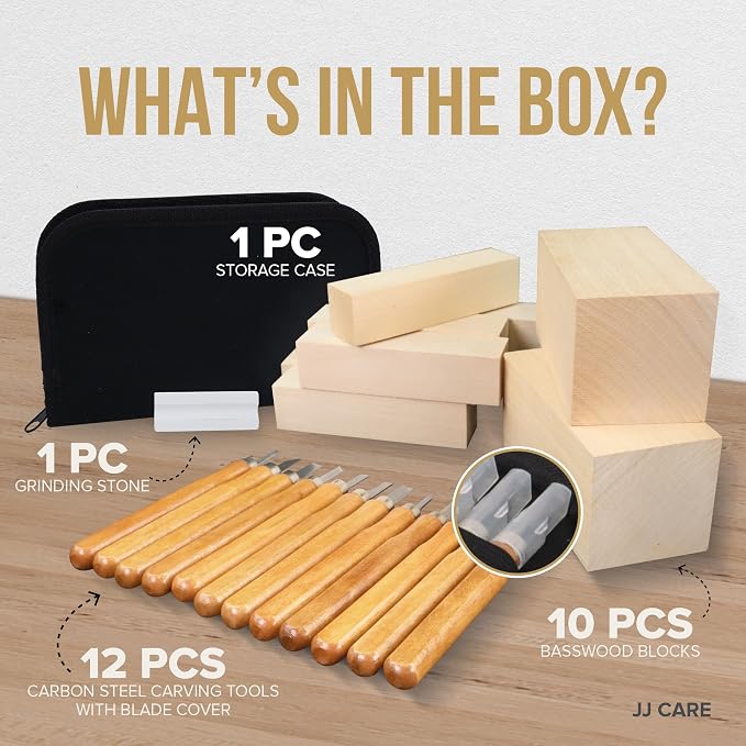 JJ CARE Wood Carving Kit, 10 Basswood Blocks, 1 Grinding Stone & Storage Case