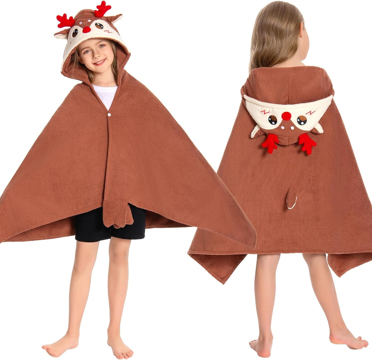 OLAOLA Reindeer Hooded Towel for Kids 3-12 Years, 28" x 53" Soft Thick Absorbent Beach Towels, Toddler Bath Towel Wrap Swim Pool Towels Poncho for Boys Girls