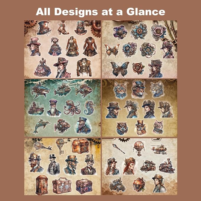 120PCS Steampunk PET Stickers, Mechanical Cats, Planner Collage, Water Bottle
