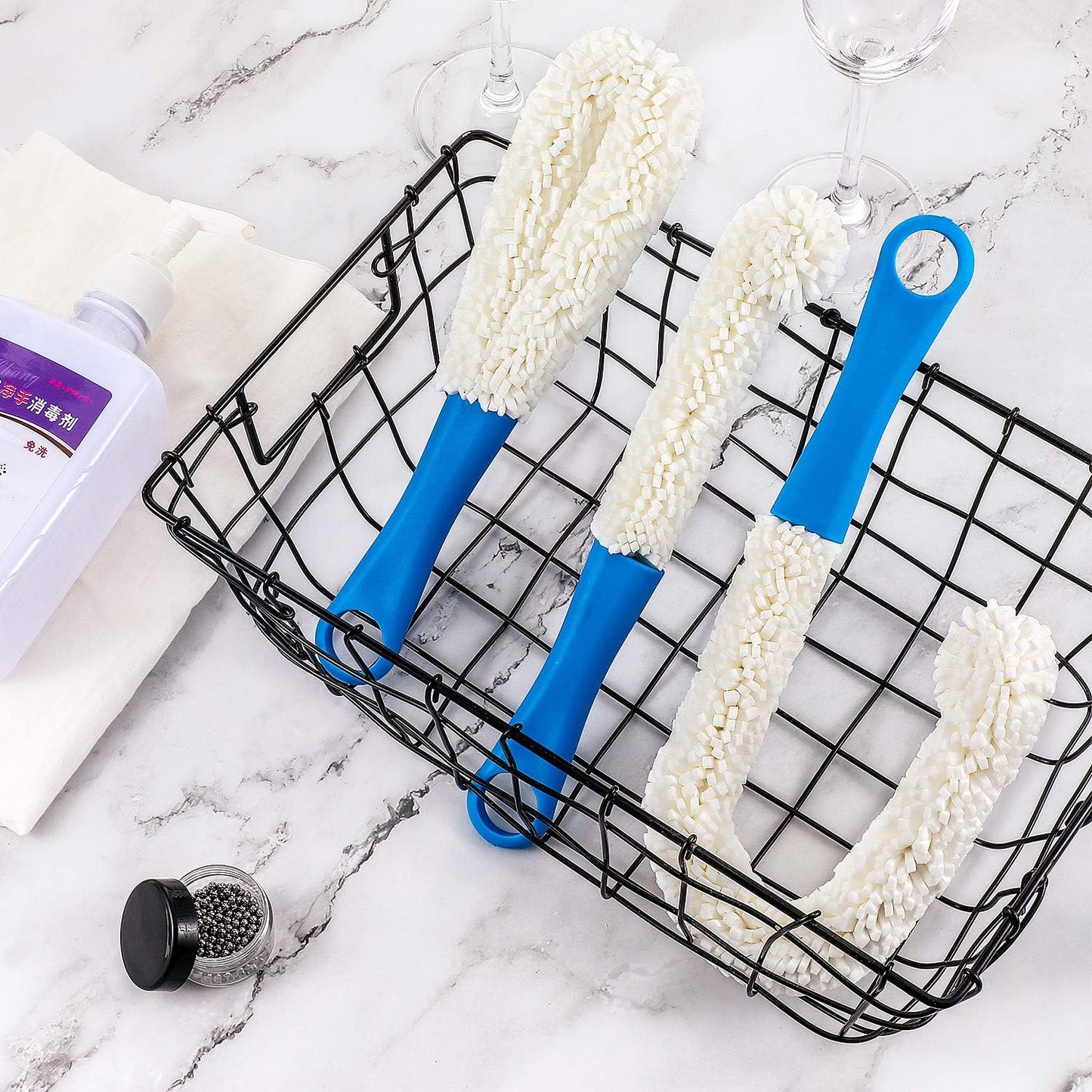 3 Pieces Decanter Cleaning Brush Flexible Bottle Scourer and 400 Pieces Reusable Decanter Cleaning Beads Household Cleaning Tools for Wine Decanters Goblets Glasses Cups (Blue Handle)