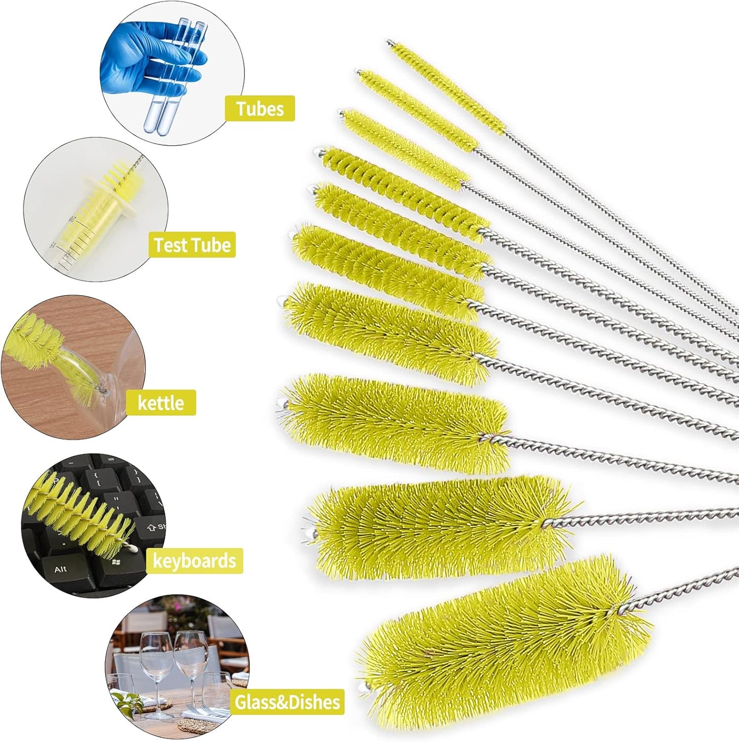 CiaraQ Bottle Cleaning Brushes, 8 Inch Nylon Tube Brush Set, Cleaner for Narrow Neck Bottles Cups with Hook, Set of 10pcs.