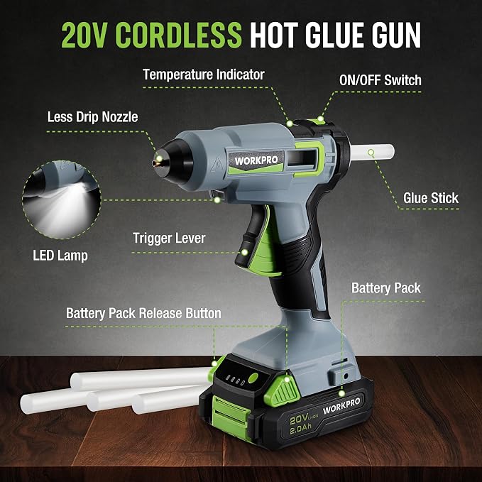 WORKPRO 20V Cordless Hot Melt Glue Gun Kit, 2.0 Ah Li-ion Battery Powered