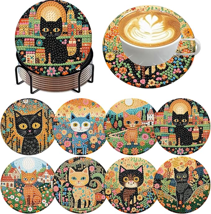 ijbnhd 8 PCS Diamond Art Coasters Kit Cat Diamond Painting Coasters | Cat