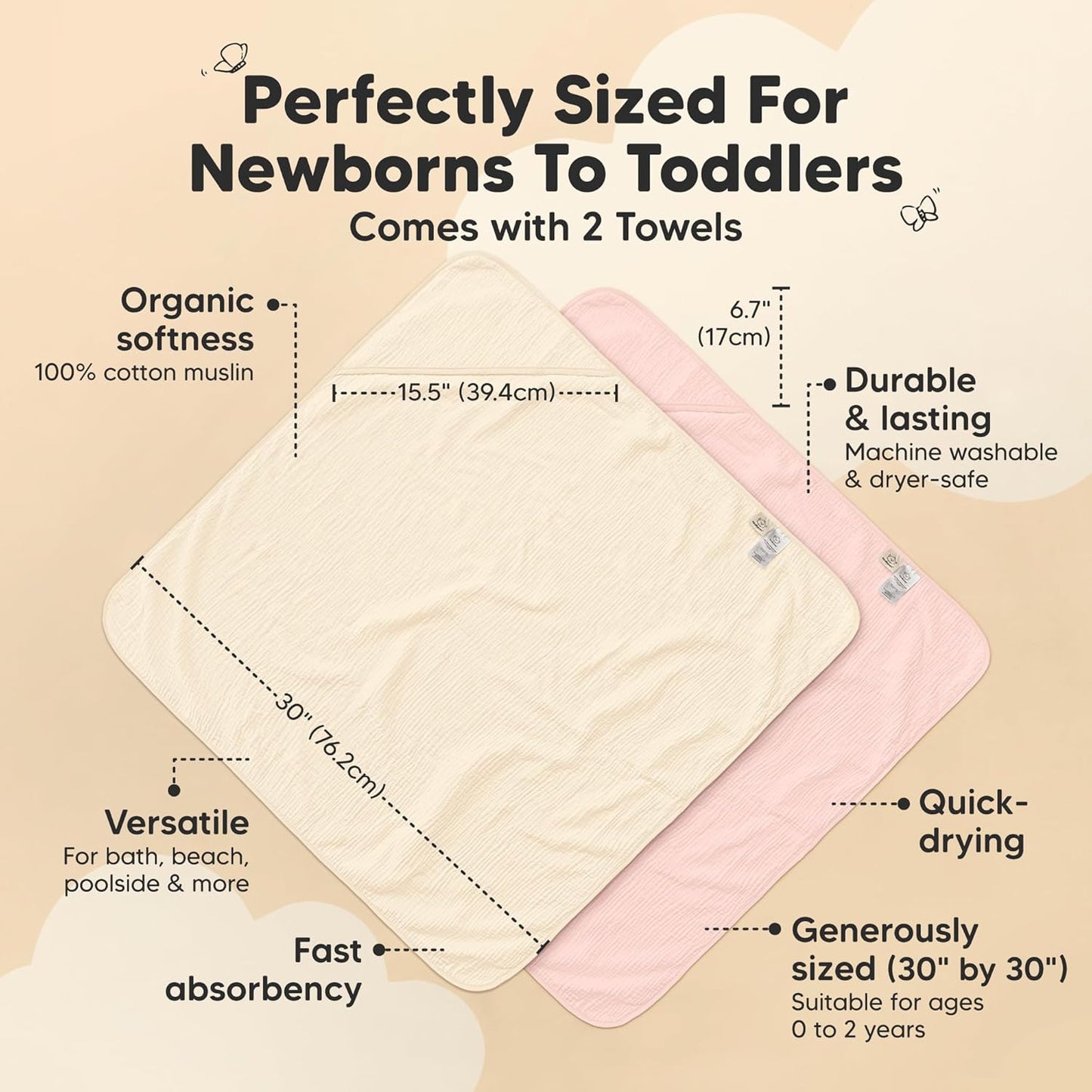 KeaBabies Muslin Hooded Baby Towels for Newborn Girls, Boys - 2-Pack, 30x30 Organic Cotton Baby Bath Towels Hooded, Soft Absorbent, Toddlers, Kids, Infant, Newborn Bath Essentials (Rose Ivory, Petite)