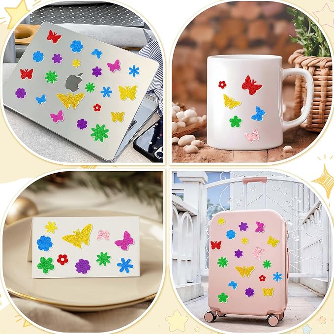 Foam Stickers, 7 Sheets 3D Glitter Foam Flower and Butterfly Shapes Stickers