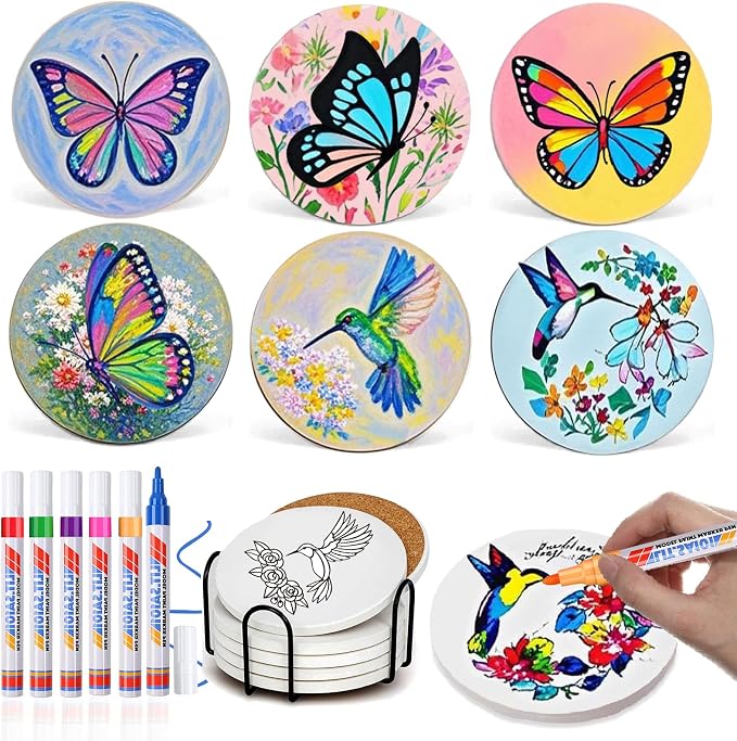 6 Absorbent Ceramic Tiles with Cork Base, Paint Your Own Butterfly Coaster |
