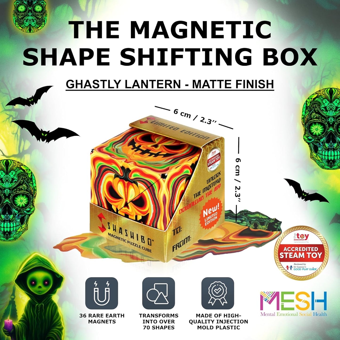 Shashibo Seasonal Halloween - Shape Shifting Box - Award-Winning, Patented Magnetic Puzzle Cube w/ 36 Rare Earth Magnets - Fidget Transforms Into Over 70 Shapes (Ghastly Jack) - Limited Edition