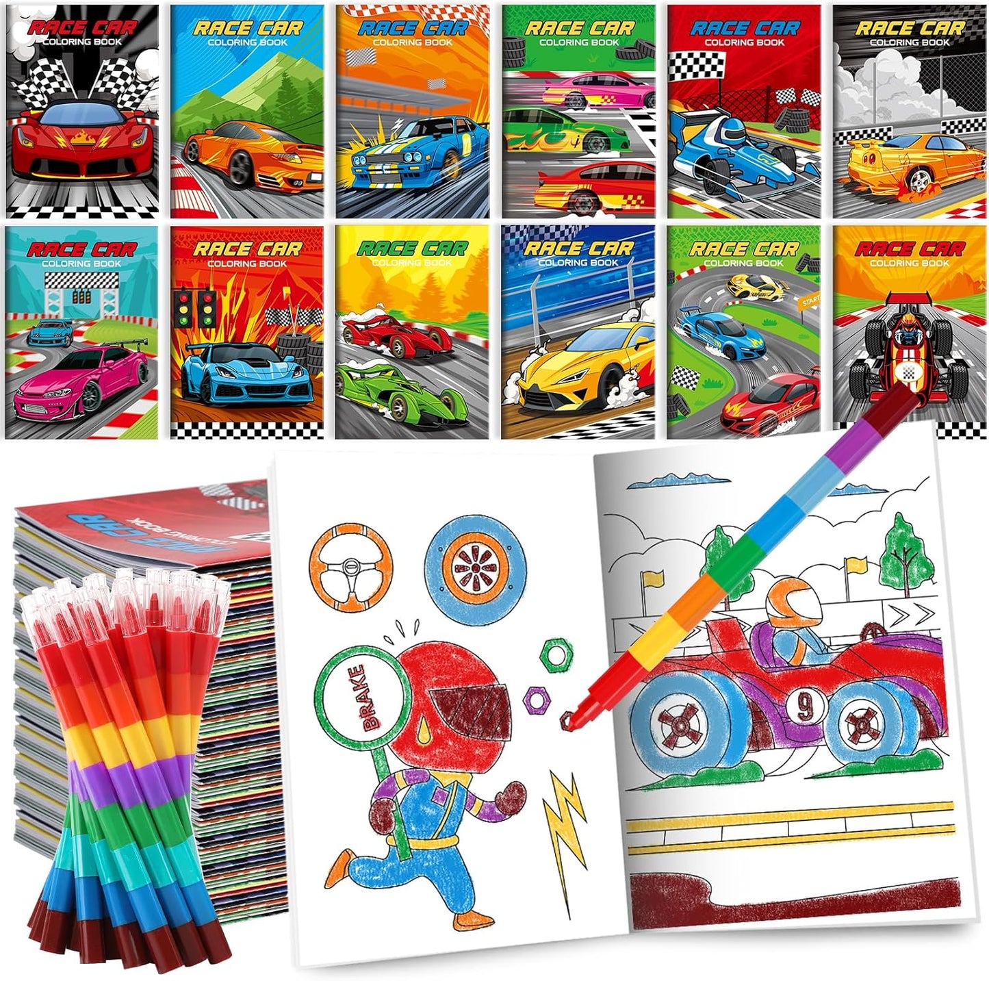 BenLouis 12 Race Car Mini Coloring Books Kids with 12 Stacking Crayons Racing Theme Party Favors Small Activity Books Bulk for Kids Fast Racecar Wheel Birthday Party Gift Goodie Bag Stuffers