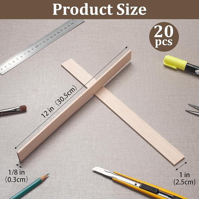 Balsa Wood Sticks, Balsa Wood Strips 1/8" × 1" × 12", Wooden Sticks