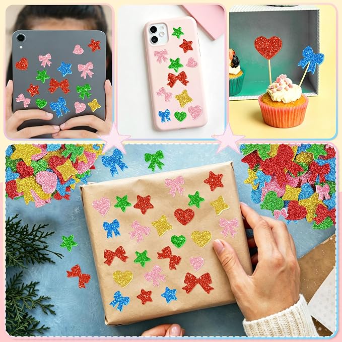 625Pcs Foam Stickers Glitter Colorful Star Heart Bow Shapes Stickers 5Sheets 3D