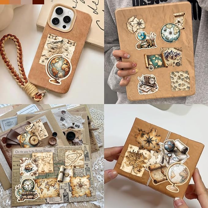PRSTINCOL 100Pcs Vintage Sticker Pack, Cute Map Design Scrapbook Supplies