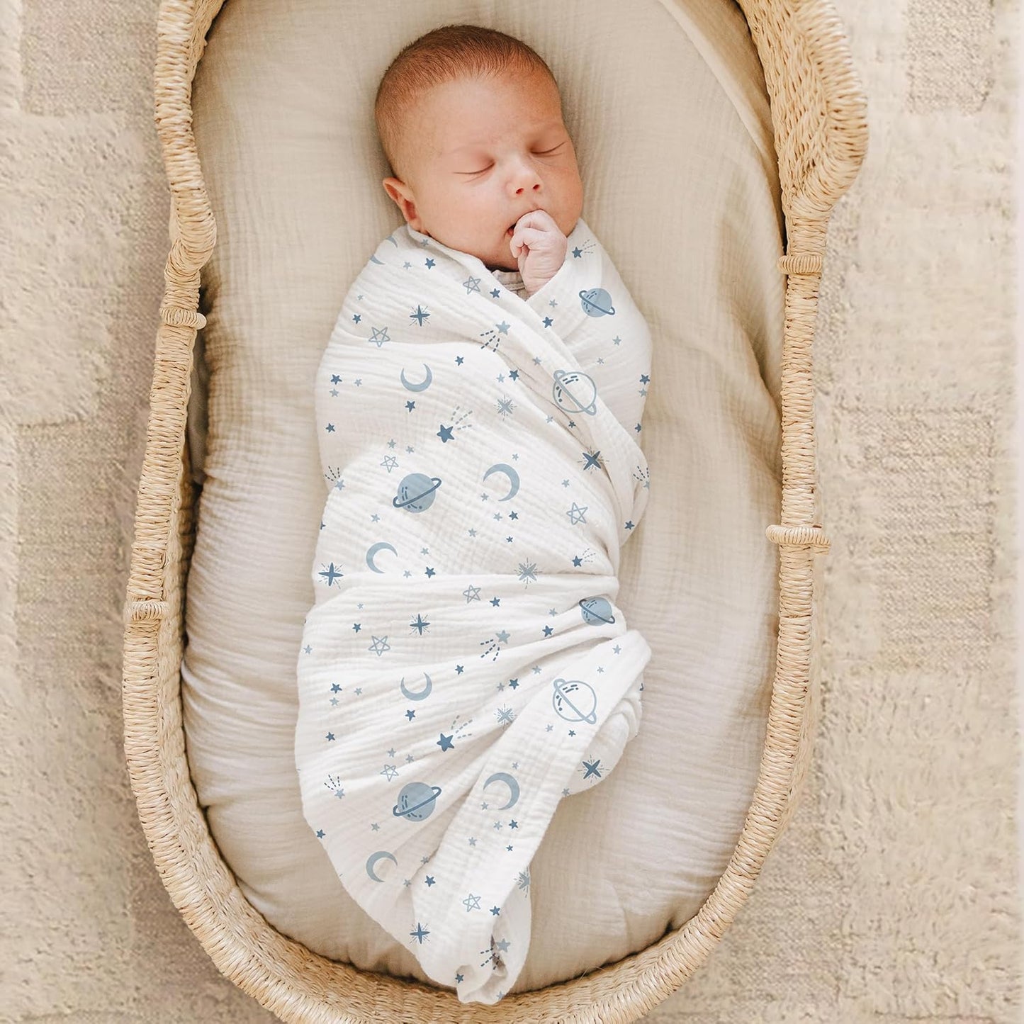 Konssy Muslin Swaddle Blankets for Boys Girls, 2 Pack Receiving Baby Blanket Large 47 x 47 inches, Soft Breathable Swaddling Wrap for Unisex Newborn (Star,Blue)