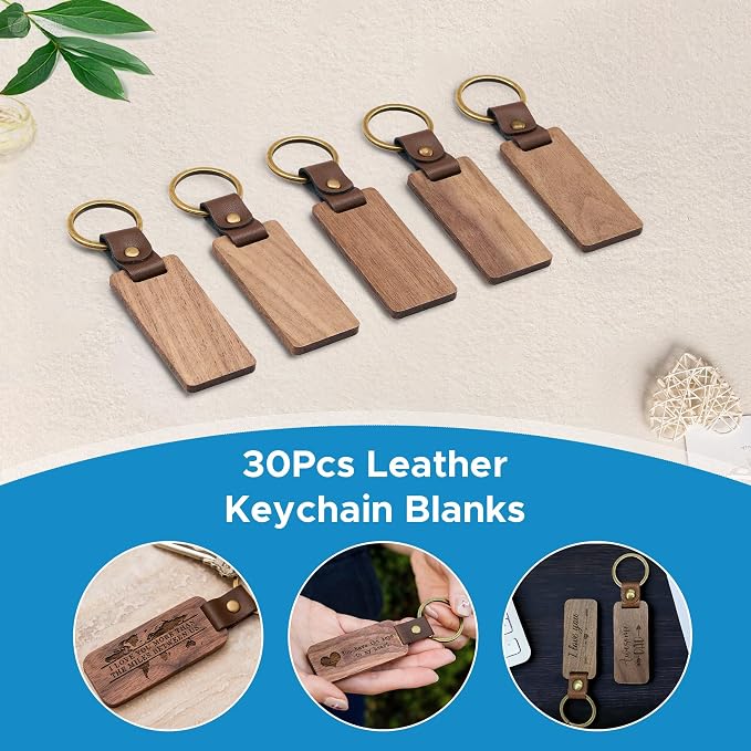 OMTech Wooden Keychain Blanks, Wood Key Chain Bulk, Unfinished Wooden Key Rings