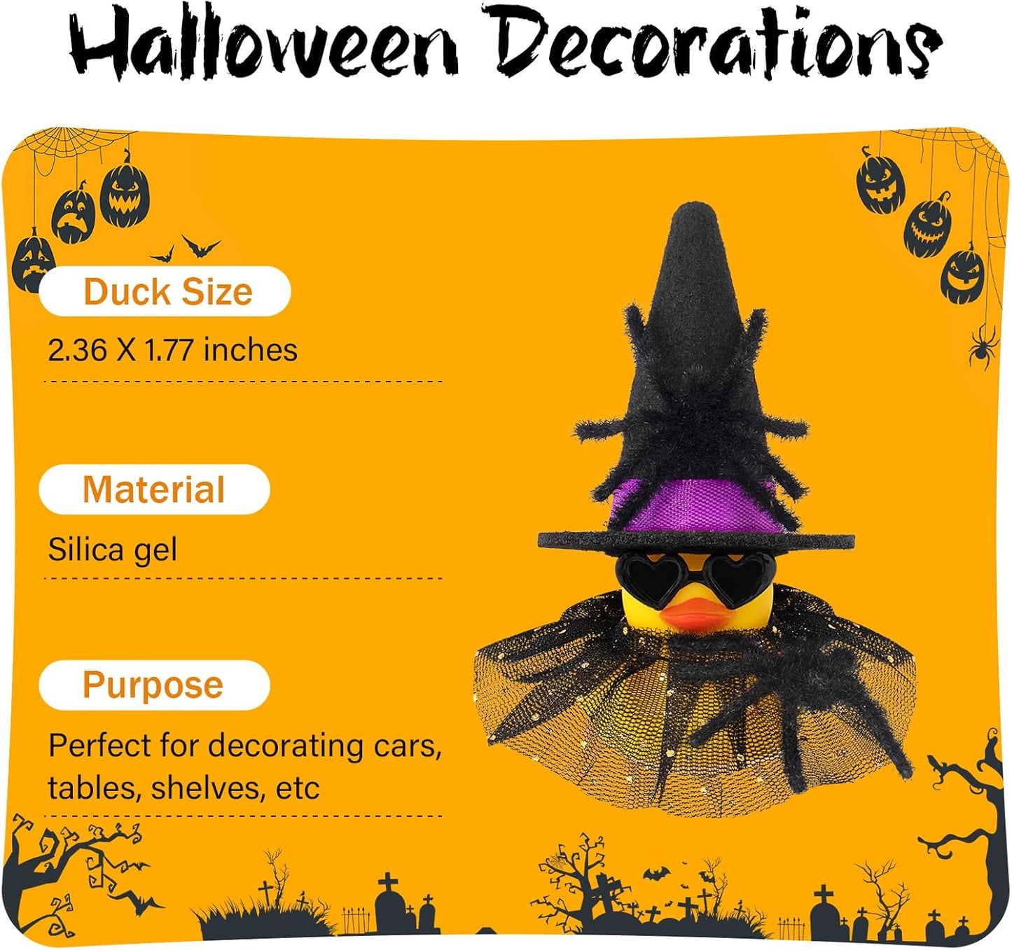 wonuu Car Dashboard Spider Witch Rubber Ducks for Halloween, Decorations Duck for Office Desk Ornament Accessories with Hat Glasses Skirt, for Halloween Party Gifts (Gold Point Skirt Purple)