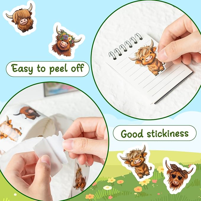 800Pcs Cute Highland Cow Roll Stickers Hyland Cattle Decals | 8 Styles
