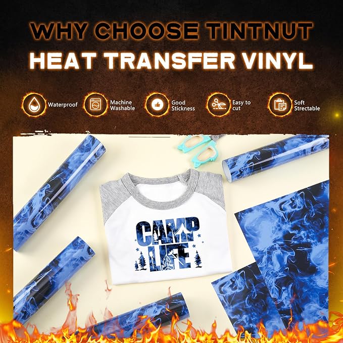 Tintnut Black Blue Flame Heat Transfer Vinyl, stretch washable, suitable