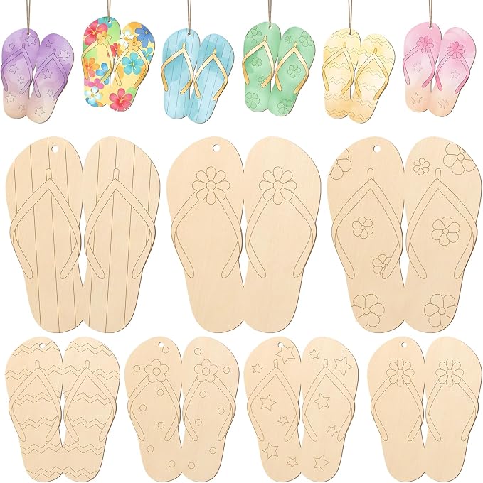 COCHIE Summer Slippers Wood Crafts to Paint Set of 24, Slipper Unfinished