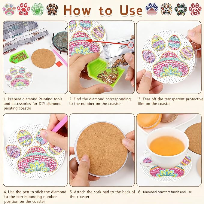 8 PCS Diamond Art Coasters Kit, Cute Paw-Shaped Diamond Painting Coasters