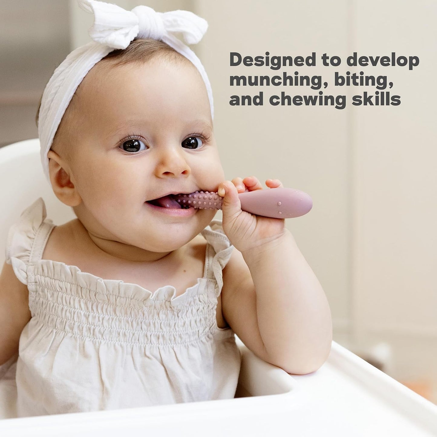 ezpz Oral Development Tools (3 Pack in Coral) - 3 Months+ - Non-Slip Loop, Smile and Stick 100% Silicone Tools - Prepare for Chewing + Solids - Baby-Led Weaning Supplies