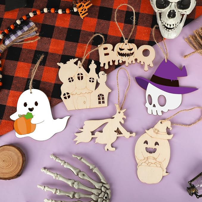 24 PCS Unfinished Wooden Halloween Crafts, Pumpkin Ghost Shaped Hanging
