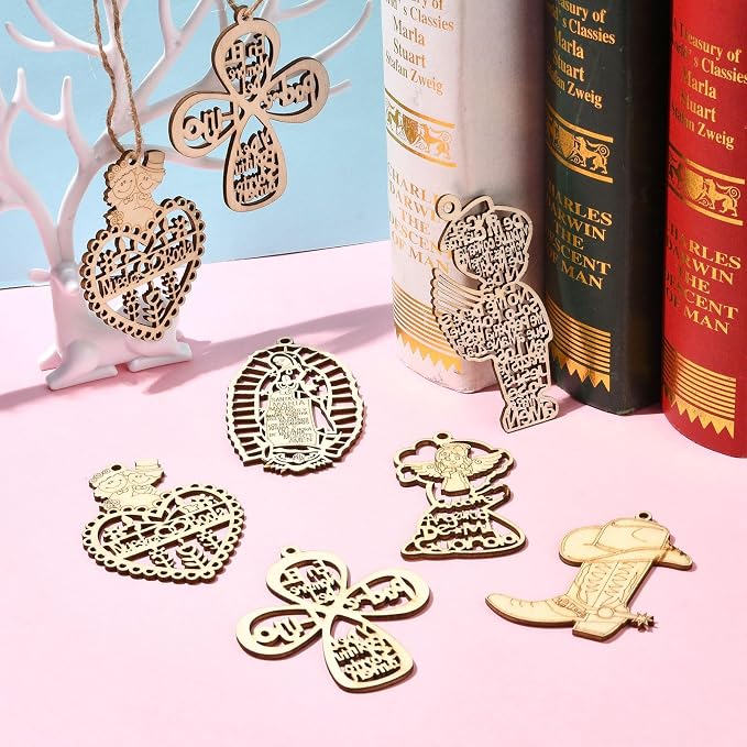 35 pcs 7 Styles Wedding Theme Wood Cutout Charms Angel Goddess Heart Cross Sun