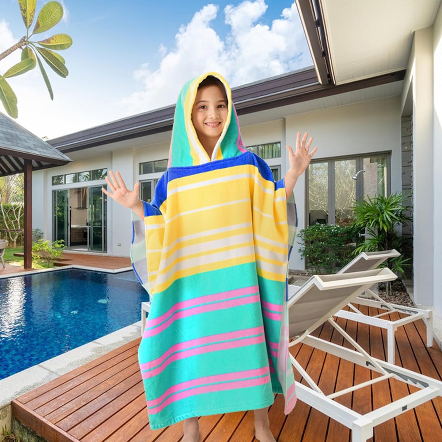 VOOVA & MOVAS Hooded Towels Poncho for Big Kids, Oversized (6-12Years,26"X64") Made from 100% Soft Cotton,Perfect for Swimming | Bathing | Beach | Birthday Gifts, Colorful Stripe