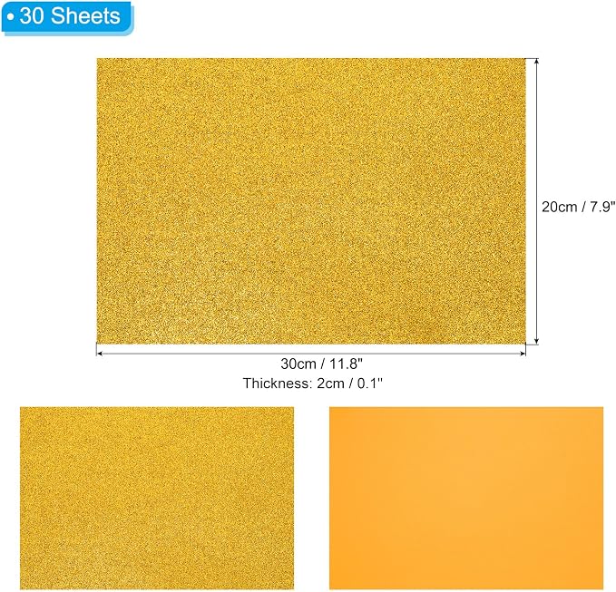 PATIKIL 30Sheets Gold EVA Glitter Foam Sheet 11.8 x 7.9 Inch 2mm Thick Sparkle