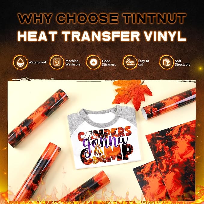 Tintnut Orange Black Flame Heat Transfer Vinyl, stretch washable, suitable