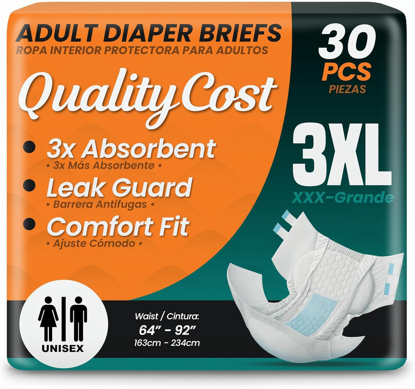 QualityCost Adult Incontinence Underwear Briefs with Tabs, 30Pack, Unisex Heavy Duty Briefs, Maximum Absorbency, Leak Proof, Disposable Pull-Ups for Overnight Protection, Size 3XL (64-92 inch Waist)