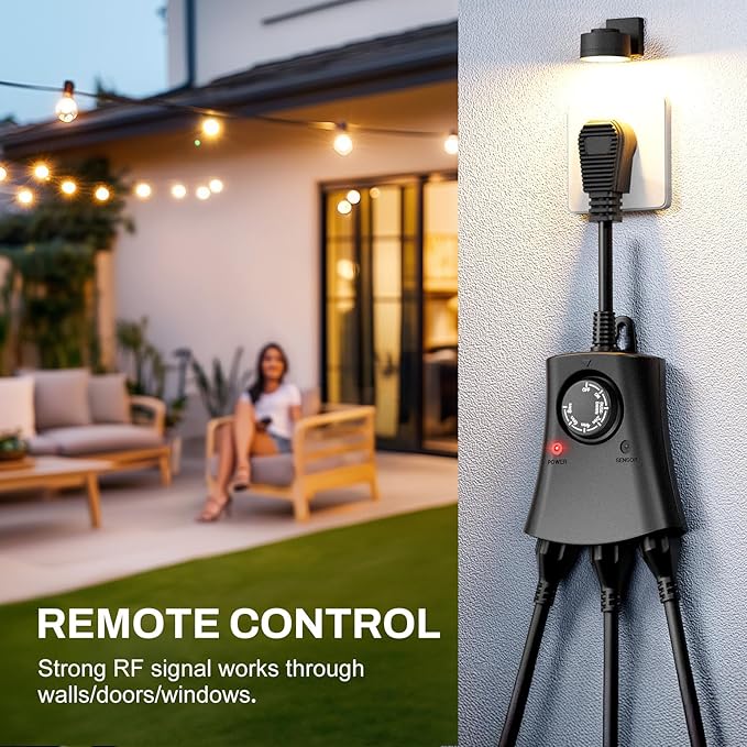 Lights Plug Timer Outdoor, Dusk to Dawn Electrical Timer Switch with Remote, Waterproof 3 Grounded Electrical Outlets for Halloween Christmas, 2PCS