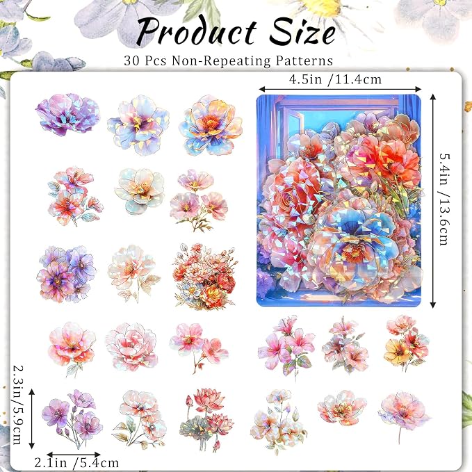 30 PCS Sparkly Flower Stickers Clear Glitter Floral Stickers Holographic PET