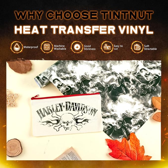 Tintnut Black Grey Flame Heat Transfer Vinyl Roll, stretch washable, suitable
