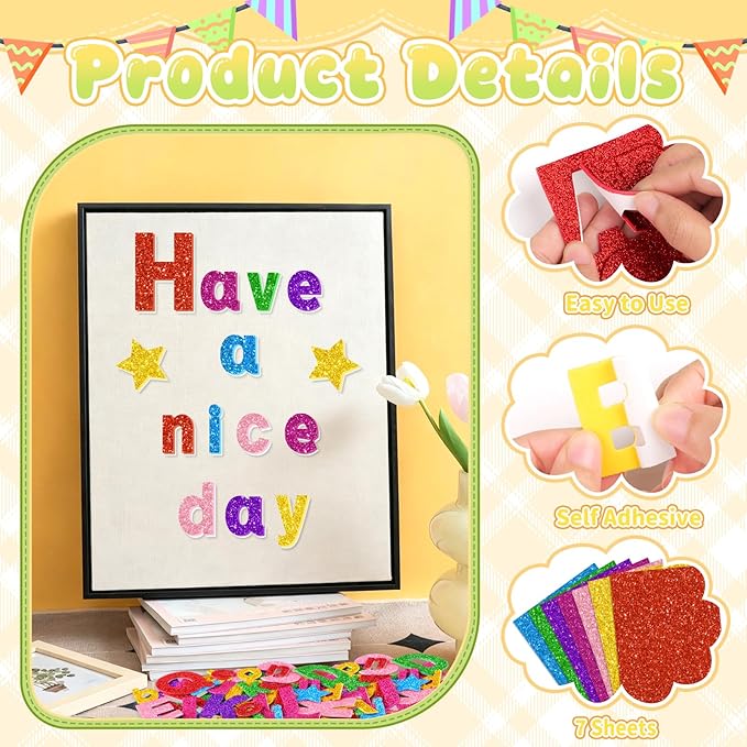 Glitter Foam Letter Stickers 469 Pcs Self-Adhesive Uppercase & Lowercase ABC