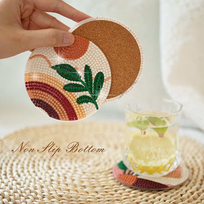 Temlum 6 Pcs Diamond Painting Coasters Kit, Abstract Plant Diamond Art Coasters