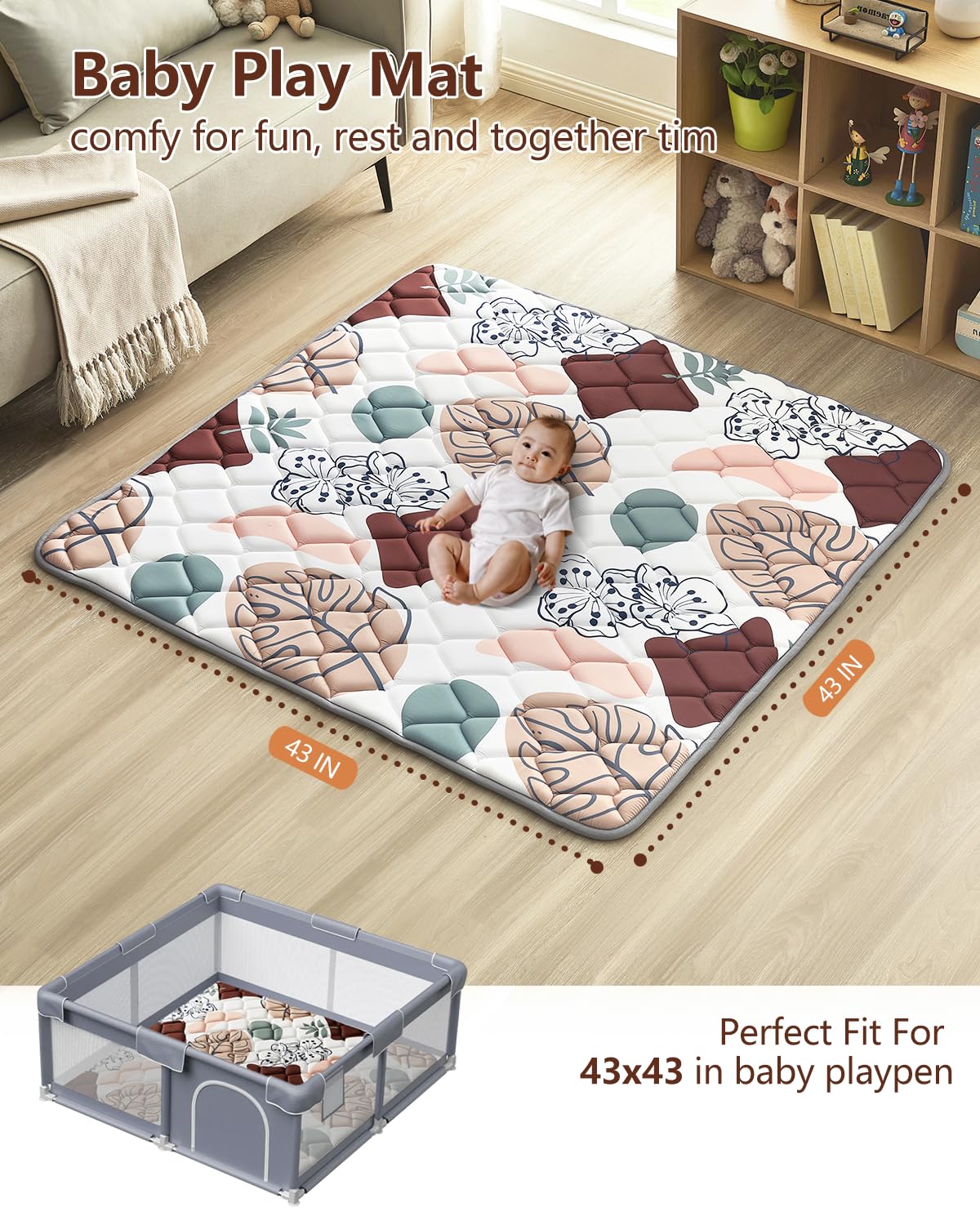 Baby Play Mat 43"x43", Non-Slip Baby Mat for Floor, Soft Thicker Playpen Mat, Portable Playmat, Crawling Mat for Babies, Toddlers & Infants to Play and Learn（Boho）
