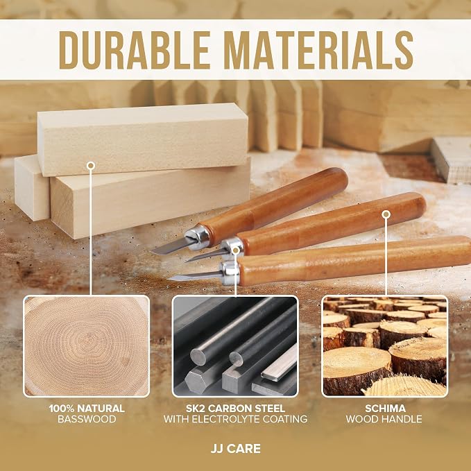 JJ CARE Wood Carving Kit, 10 Basswood Blocks, 1 Grinding Stone & Storage Case